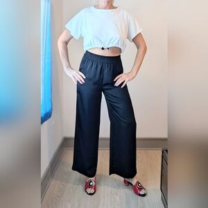 Rachel Zoe Black Satin Wide Leg High Waist Pants With Stretchy Waist Size Small